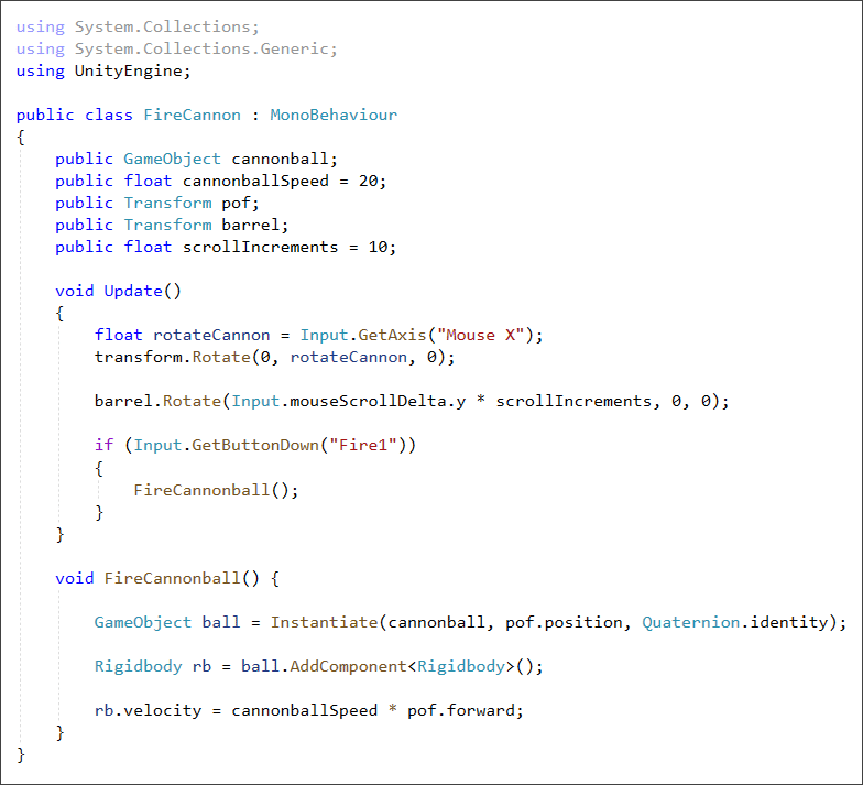 Unity C# script to fire a cannonball from a cannon