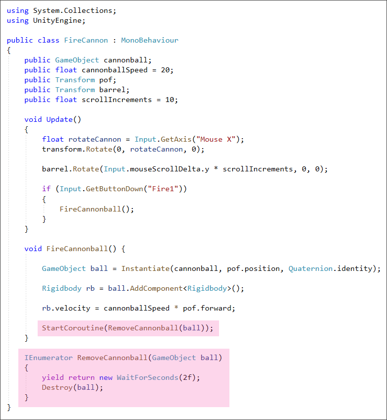 Unity C# script to remove a cannonball