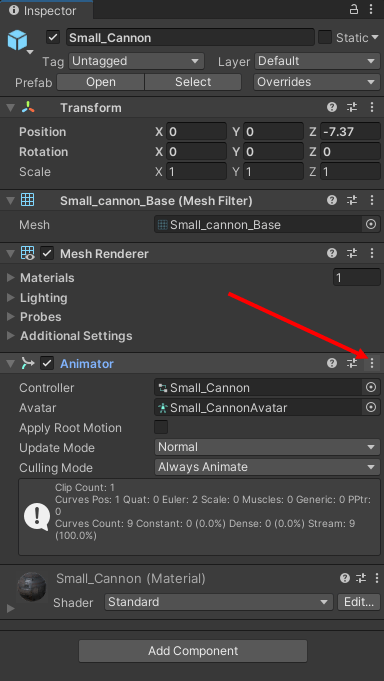 The Unity Inspector showing the Animator component