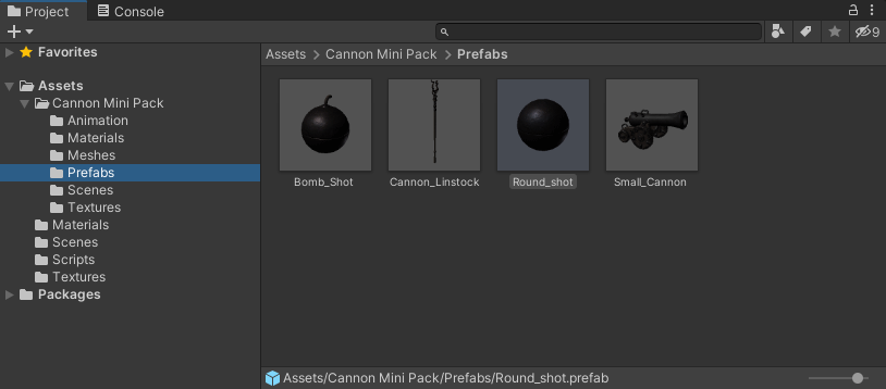 A cannonball selected in Unity