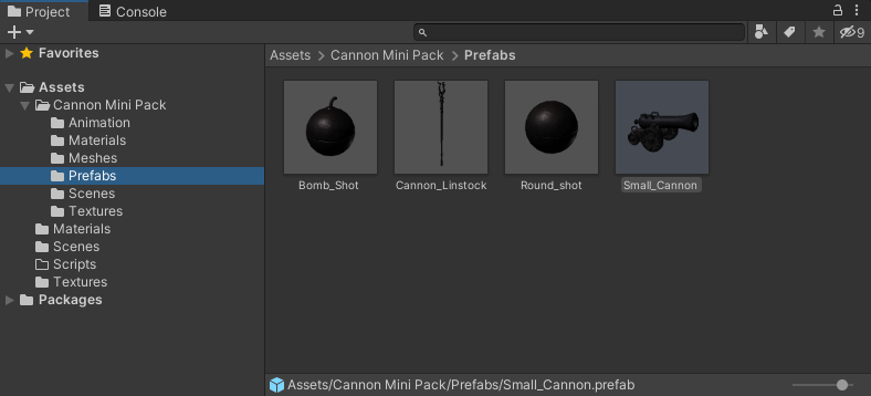The Project area in Unity showing a cannon model selected