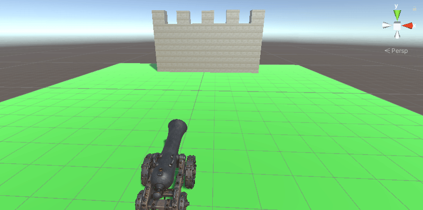 Cannon in a Unity scene aimed at a wall