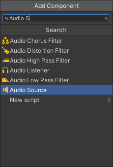 The Add Component list showing the Audio Source item highlighted