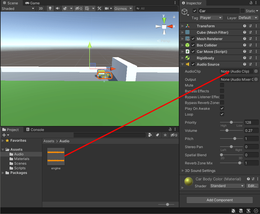 Dragging and dropping an audio file onto the Audio Clip item in the Inspector