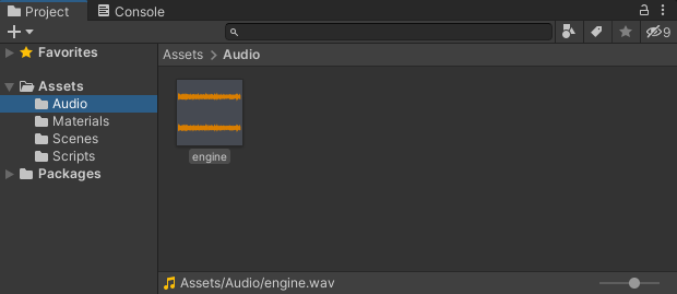 The Project folder in Unity showing an audio file