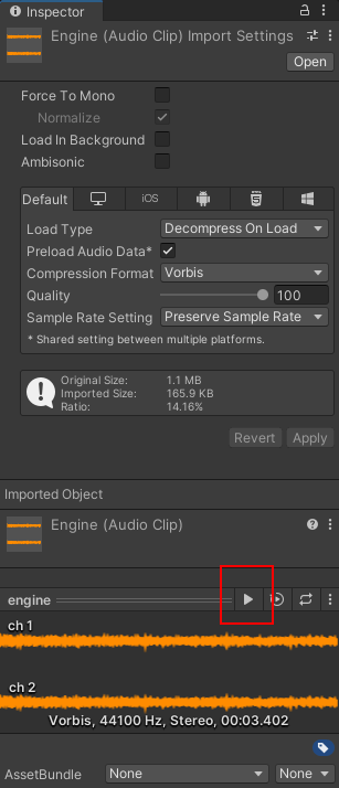 The Inspector showing properties of an audio file