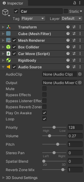 An Audio Component attached to a game object