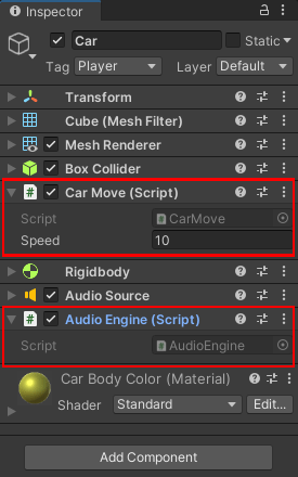 Two C# scripts attached to the same game object in the Inspector