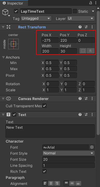 Inspector showing postion values changed