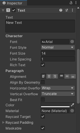 The Inspector showing the Text component