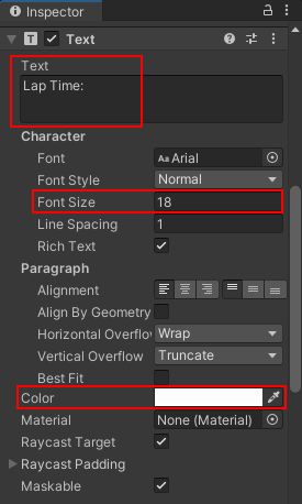 The Inspector with Text, font size, font color highlighted