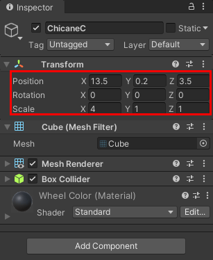 The Transform values for a third chicane