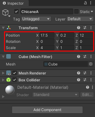The Transform values for a cube used as a chicane