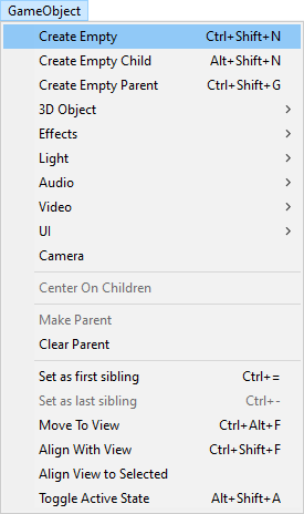 Menu showing the Create Empty item selected