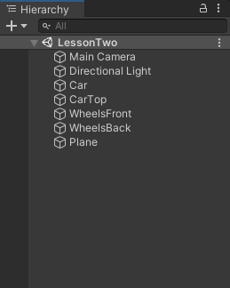 The Unity Hierarchy with a list of items