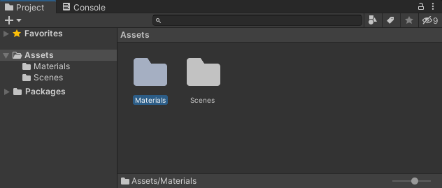 A Materials folder created in the Projects area of Unity