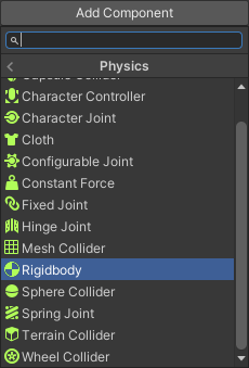 The Add Component menu showing the Rigidbody item highlighted