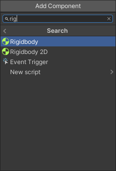 Searching via the menu for the Rigidbody component