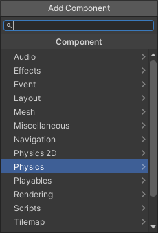 The Add Component menu showing the Physics item highlighted