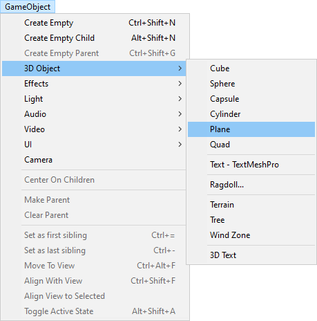 Unity menu to add a Plane to a scene