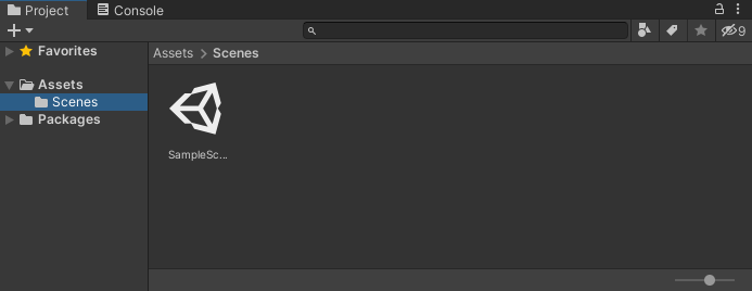 The Project area of Unity with a sample scene highlighted