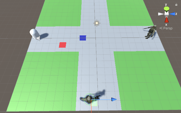 Two characters placed on the Nav Mesh in Unity
