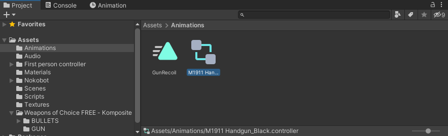 The Animator Controller highlighted in Unity