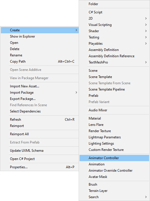 The Animation Controller menu in Unity