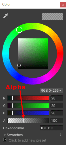 A color wheel in Unity with the Alpha slider highlighted