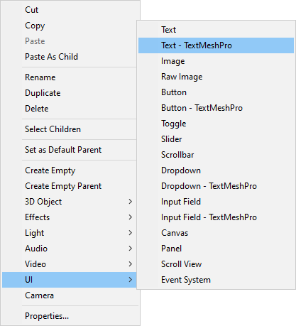 Unity menu showing the TextMeshPro item selected