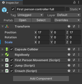 The Unity Inspector showing the Transfoen values for a first person controller