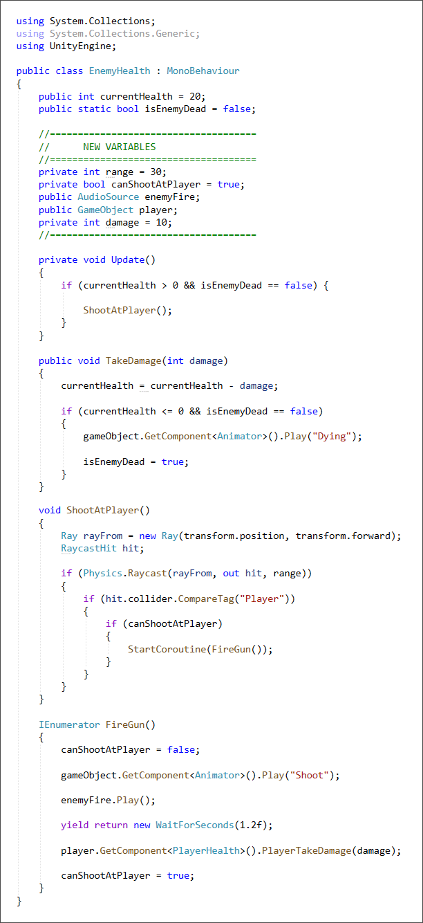 Unity C# code to set up a raycast for the enmy soldier