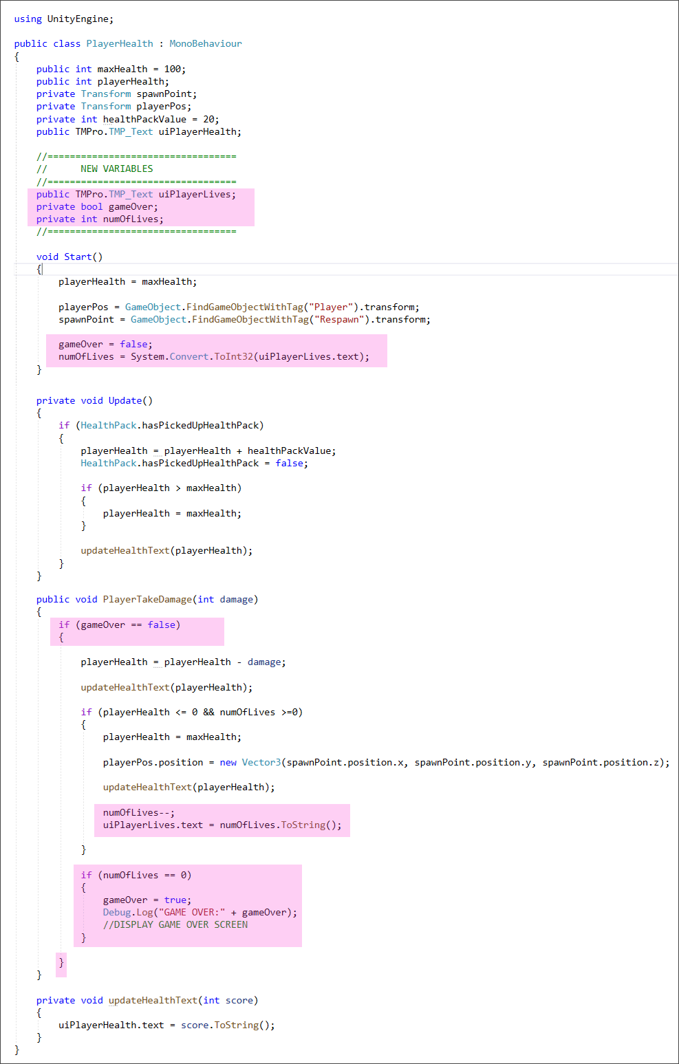 Unity C# code for player lives and game over