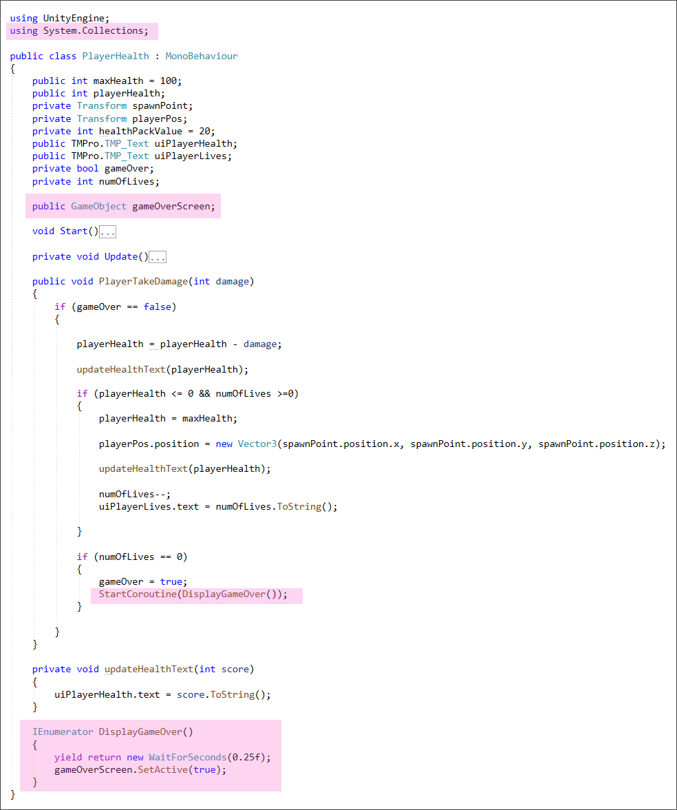 Unity C# code for a game over screen