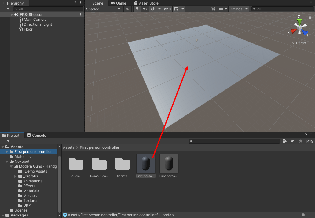Dragging the first person controller onto the Scene