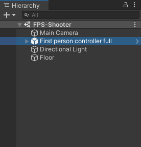 The Unity Hierarchy showing the first person controller item selected