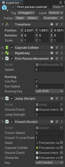 The properties of a first person controller showing in the Inspetor