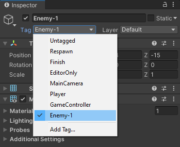 Menu showing new tag added to the list of Unity tags