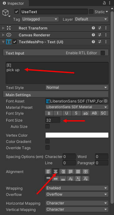 The text component being adjusted