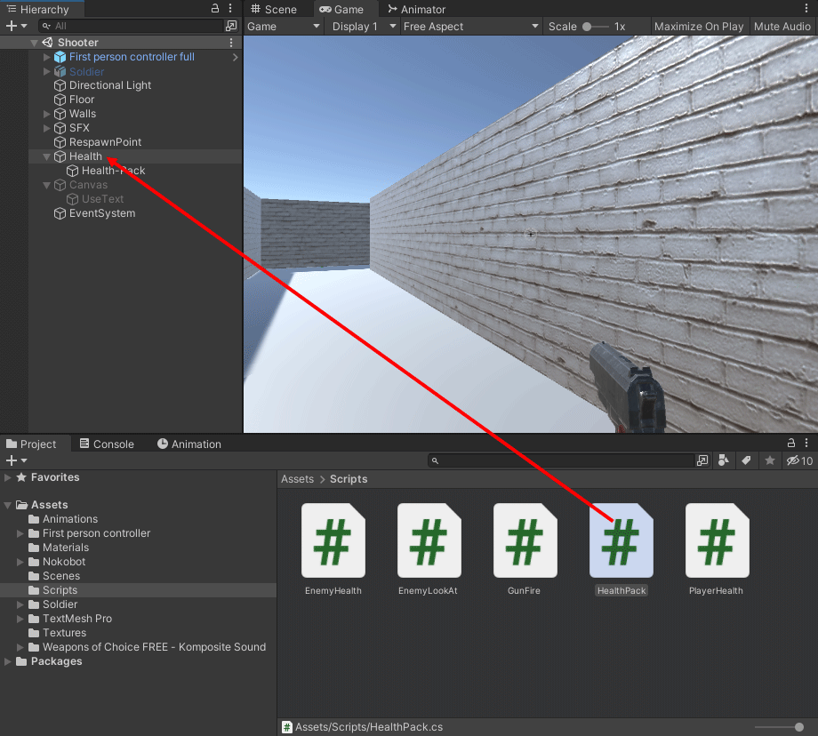 Drag and drop the health pack script onto the Hierarchy