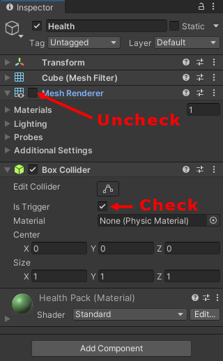 Unchecking the mesh renderer on the cube and setting a trigger