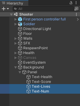The Hierarchy showing canvas text elements