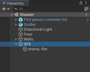 A sound effect set up in the Hierarchy