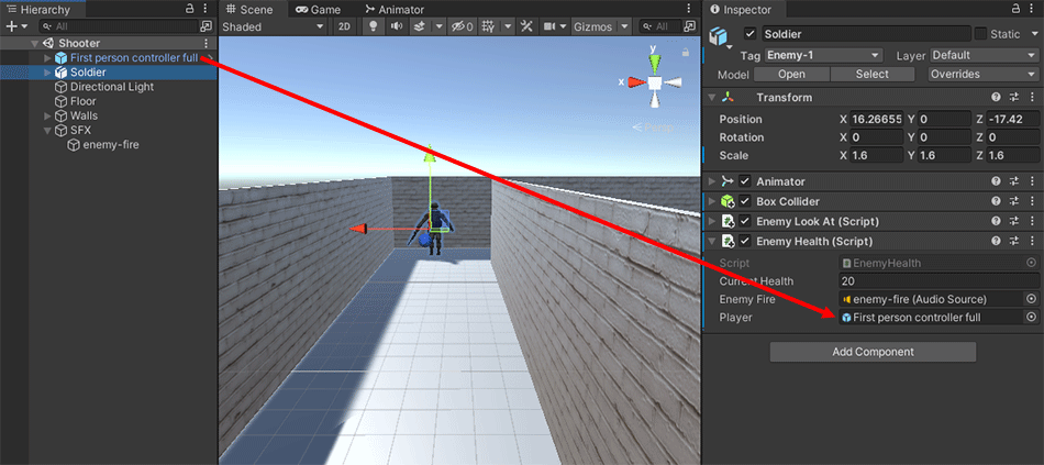 Dragging a player character onto the Inspector in Unity