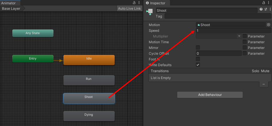 The Animator window showing how to adjust the speed of an animation