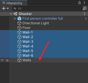 The Hierarchy showing a group of game objects selected