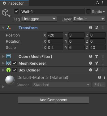The Unity Inspector showing the Transform values for a wall