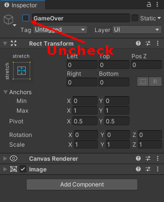 Deselecting the game over screen in the Unity Inspector