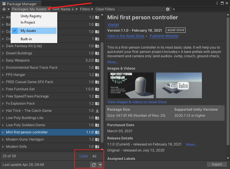 The package manager showing the My Assets menu item