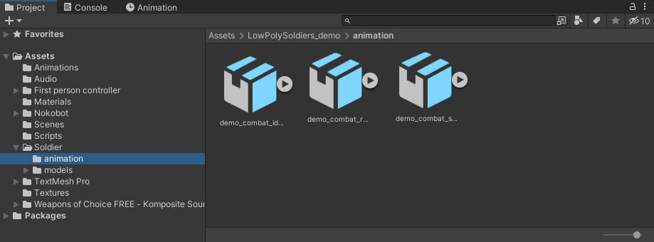 Three animations in the Projects folder of Unity